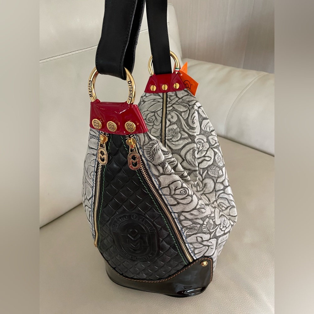 MARINO ORLANDI Italy XL BLACK/GREY ShoulderBag/Tote converts Sling Embossed NWT